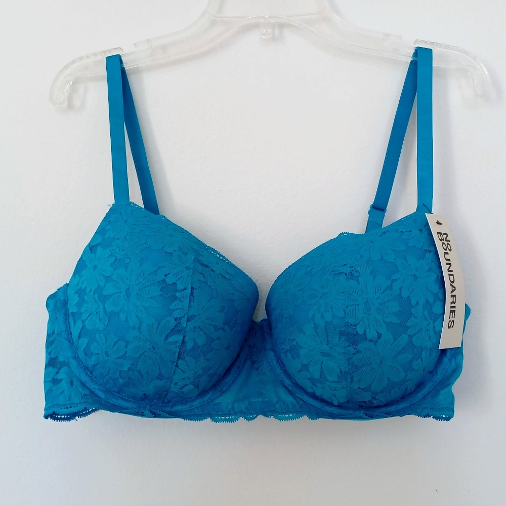 NWT No Boundaries Teal Floral Lace Balconette Bra, Size 38D